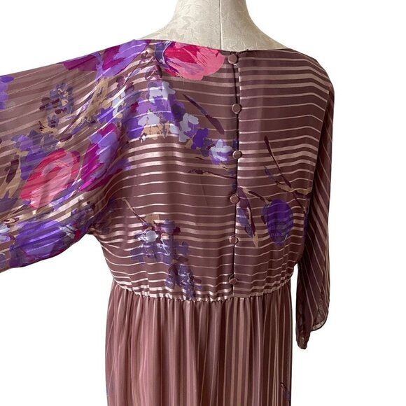 Hanae Mori Vintage 70s Womens Maxi Dress Size 12 Pink Purple Floral Chiffon - Picture 4 of 16